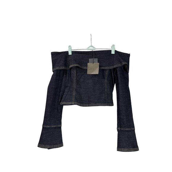 Le Lis Off Shoulder Denim Top Split Bell Sleeves Size S Dark Wash Retro New - Picture 1 of 4